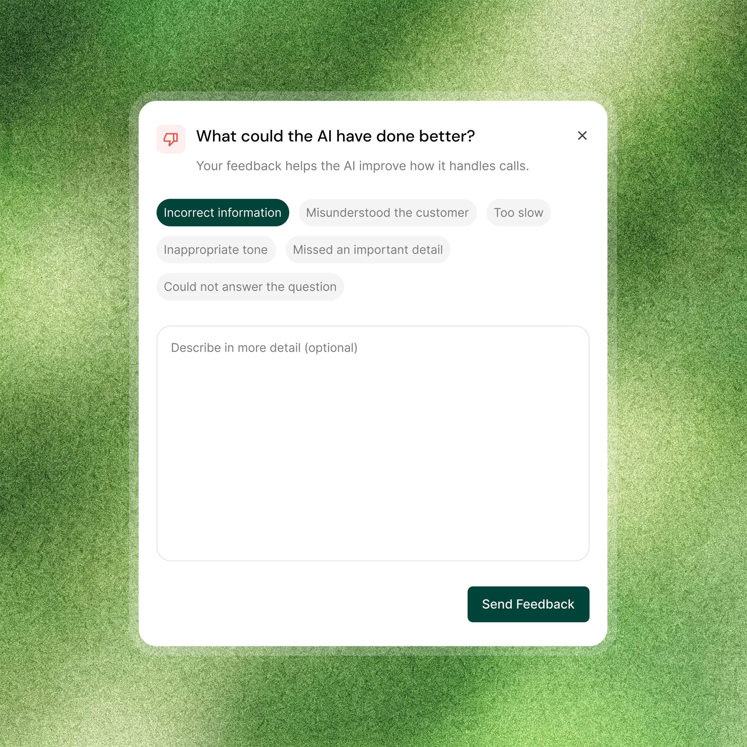 In your dashboard, you can review calls and spot any knowledge gaps. Rate conversations and give feedback to continuously fine‑tune tone and content.