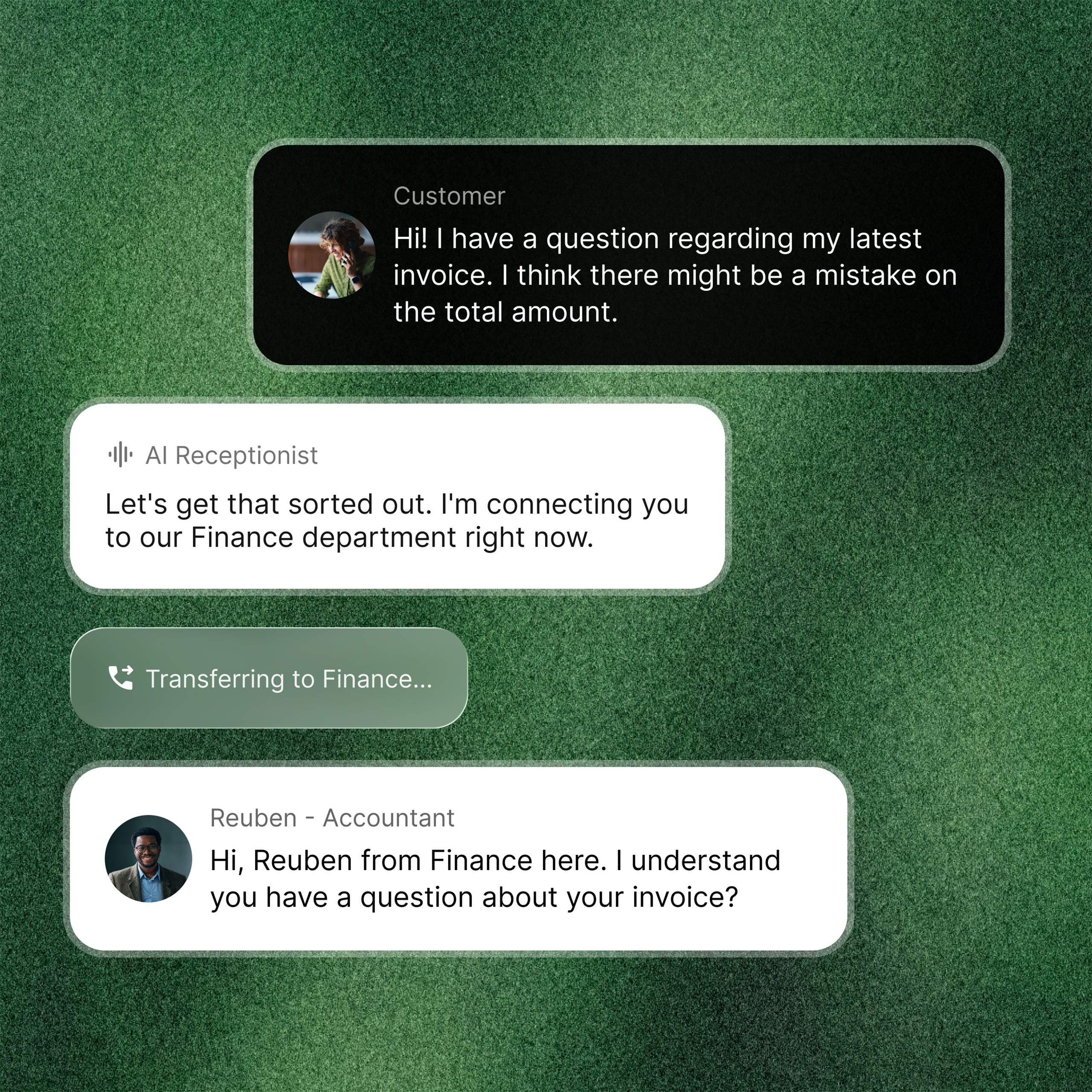 Less manual work means more time for what matters. When needed, the AI Receptionist routes the call to the right department or available colleague.